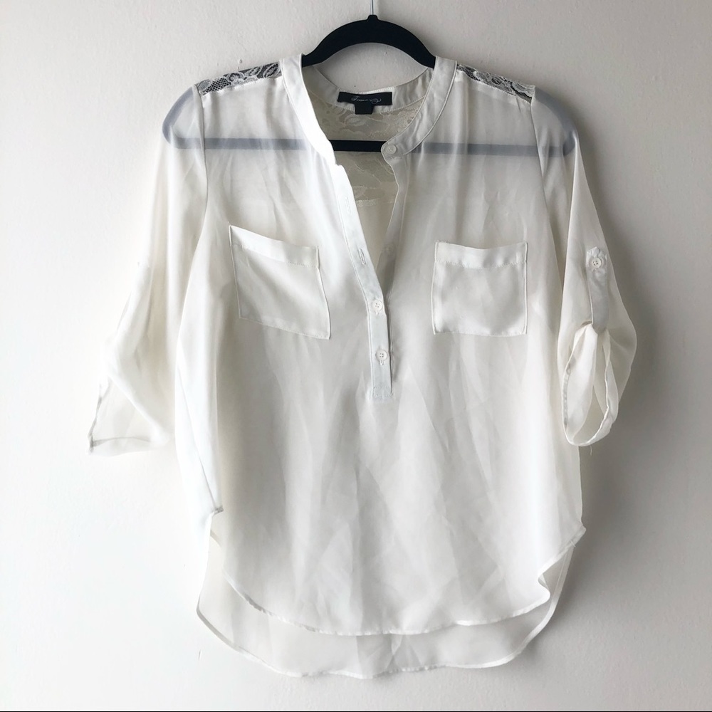 🛍4/$25! Forever 21 Lace Yoke Sheer Henley Blouse